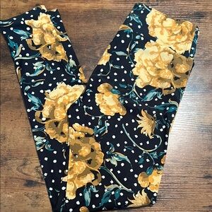 LuLaRoe Yellow and Black Leggings with Artistic Floral Design